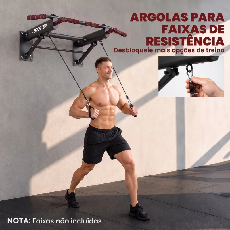 SPORTNOW Barra de Elevações de Parede Dobrável com 3 Argolas para Bandas de Resistência, Pegas Antiderrapantes, Carga 120 kg
