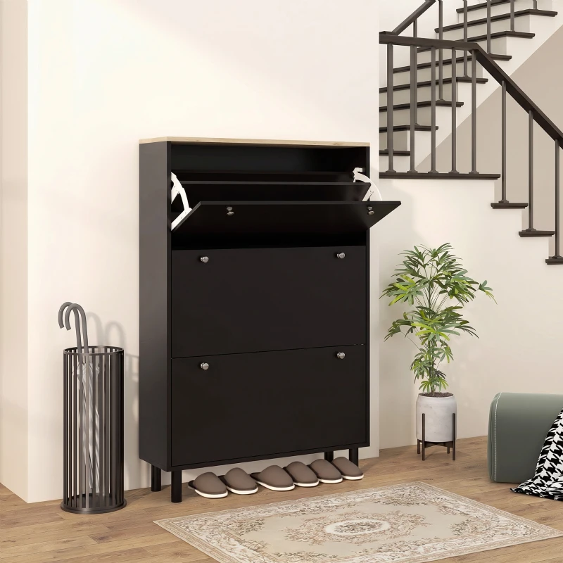 HOMCOM Meuble à Chaussures 24 Paires, Armoire à Chaussures Étroite avec 3 Tiroirs Rabattables, Étagères Réglables, Noir