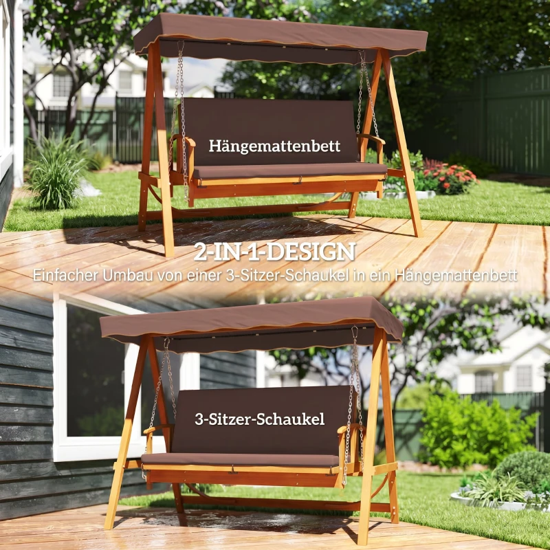 Outsunny Hollywoodschaukel mit Sonnendach, Echtholz-Gartenschaukel, Schaukelbank mit Liege-Funktion, für 3 Personen, Braun(m-4)