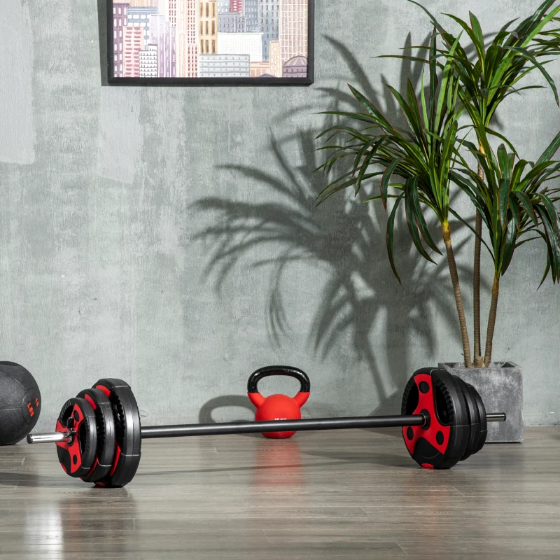 SPORTNOW Set Bilanciere e Dischi da 20kg totali con Impugnatura in PU Antiscivolo, Ø17x140 cm, Nero e Rosso