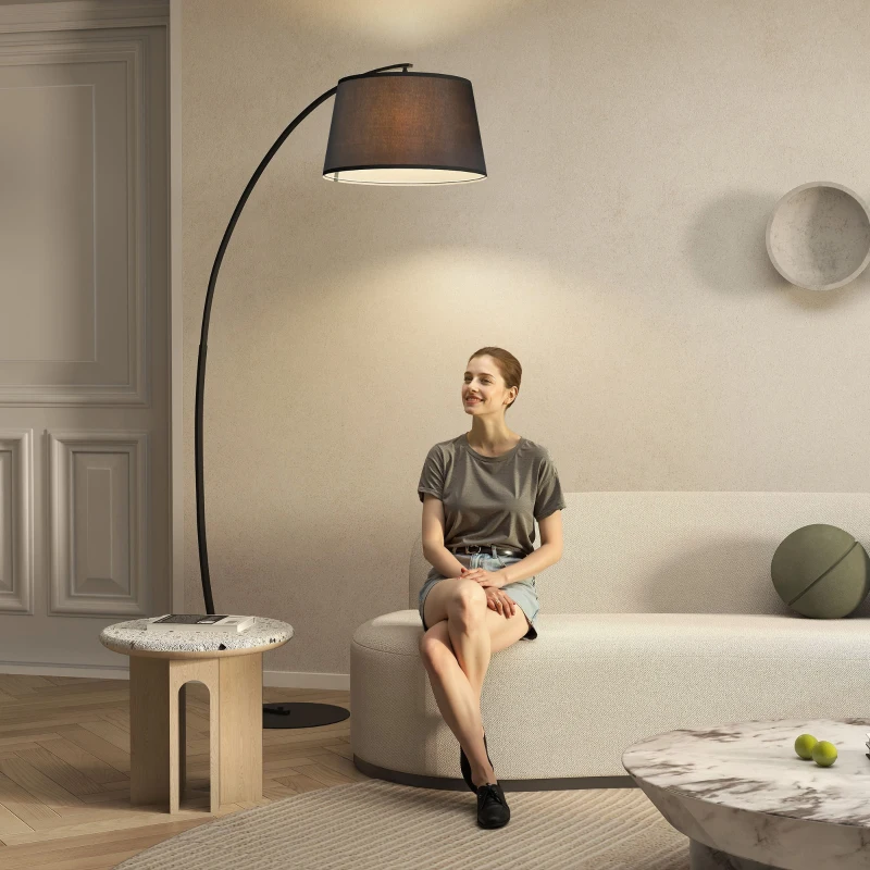 HOMCOM Lampada da Terra ad Arco con Paralume in Tessuto e Interruttore a Pedale, Ø47x105x190cm, Nera