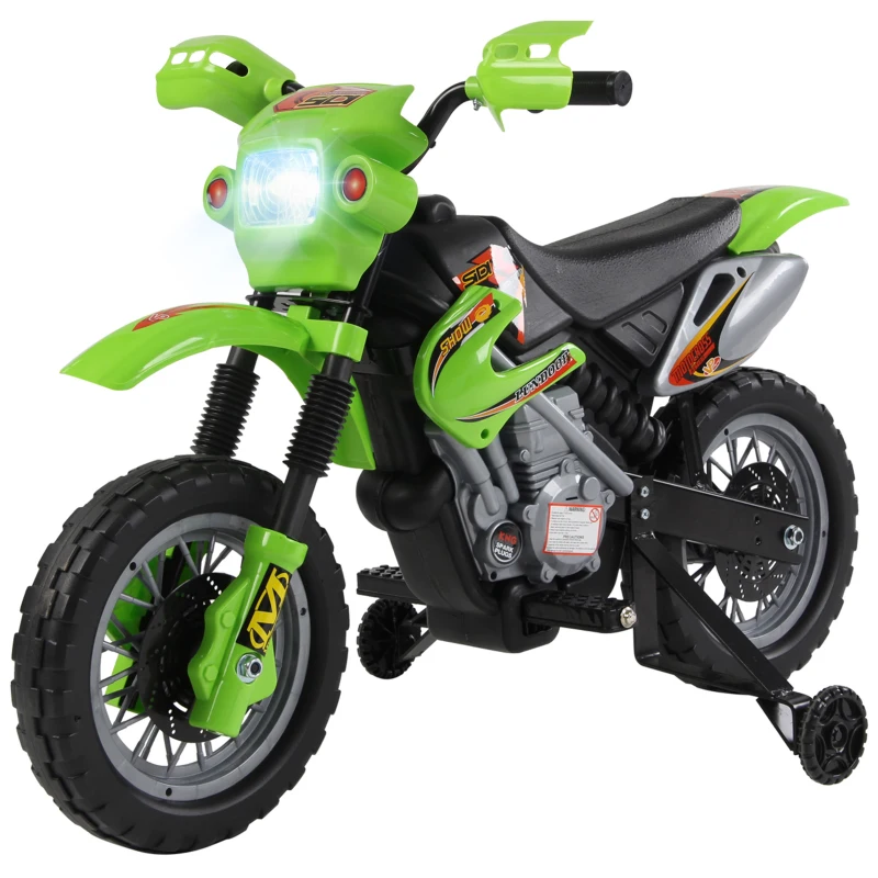 HOMCOM Moto Eléctrica para Niños con Ruedas de Apoyo Desmontables Faros y Música para Niños 3-6 Años Verde