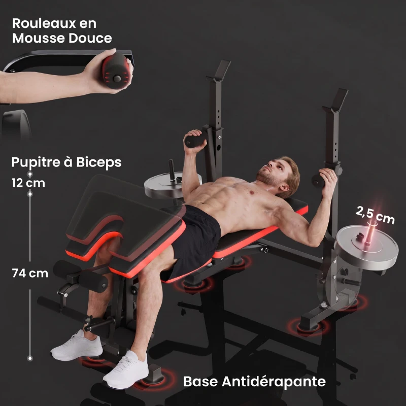 HOMCOM Banc de musculation Fitness entrainement complet avec support d'haltères dossier réglable acier 175 x 139 x 127 cm noir