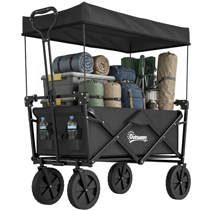 Outsunny Bollerwagen mit Dach, klappbar, 110L Kapazität, Stahlrahmen, 97x52x105 cm, Schwarz