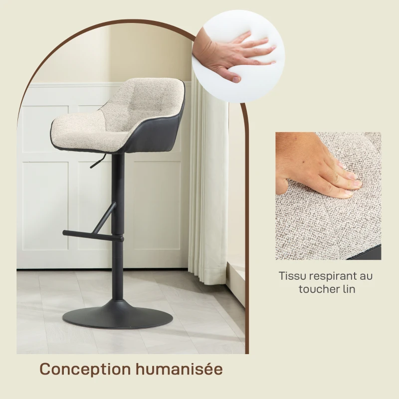 HOMCOM Lot de 2 tabourets de bar chaises de bar hauteur réglable tissu effet lin et base en acier 52,5 x 53 x 86,5-108 cm gris