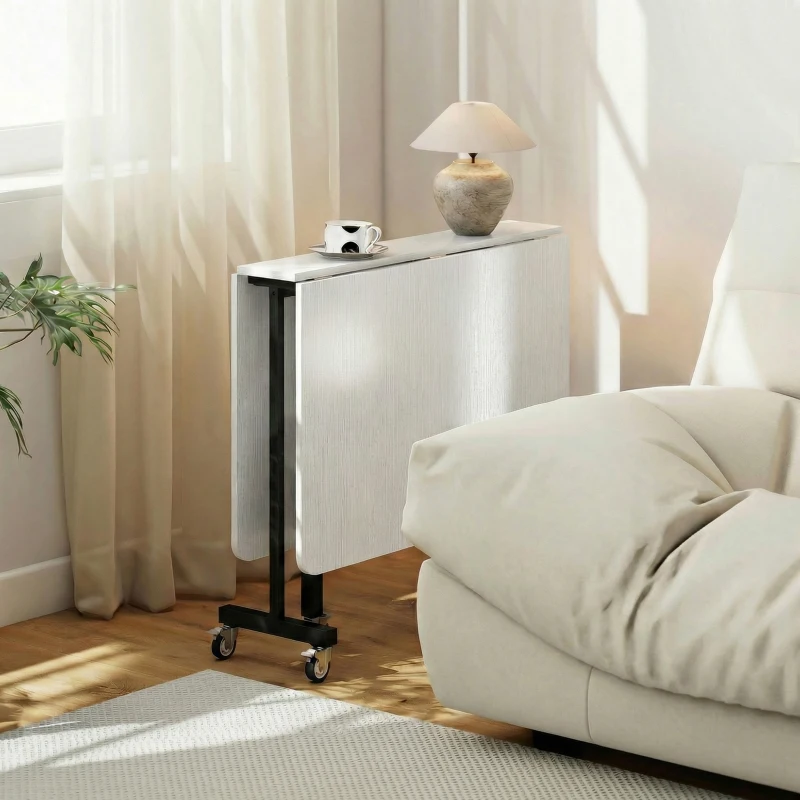 HOMCOM Table à Manger Pliante sur Roulettes pour 4-6 Personnes 120 cm, Roues avec Freins, 2 Abattants, Industriel, Blanc Noir