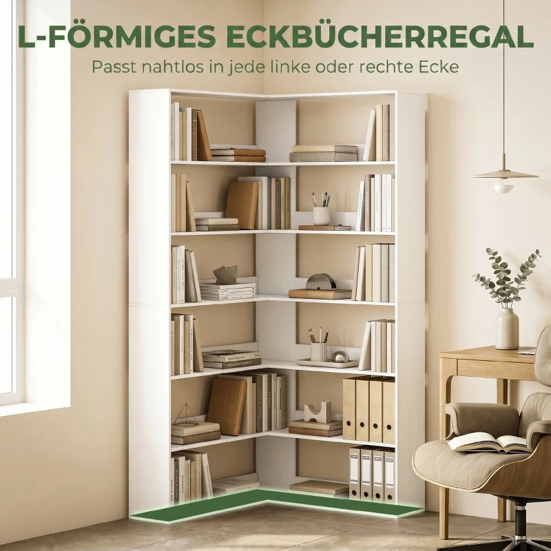 HOMCOM Bücherregal mit 7 Ebenen, L-förmiges Eckrega mit rutschfestem Rückenschutz, Weiß mit Holzoptik