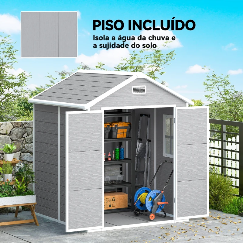 Outsunny Abrigo de Jardim em Resina 182x151x219 cm com Piso Janela Ventilação Portas Duplas Cinzento