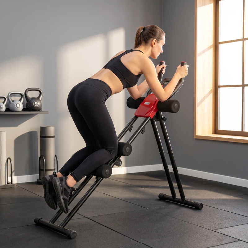 SPORTNOW Máquina de Abdominais Dobrável com Monitor LCD para Treino de Corpo Inteiro em Casa Vermelho e Preto