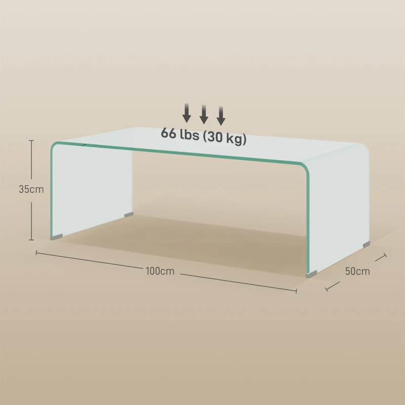 HOMCOM Mesa de centro em vidro estável, design monobloco, simples e moderna, 100 x 50 x 35 cm, Transparente