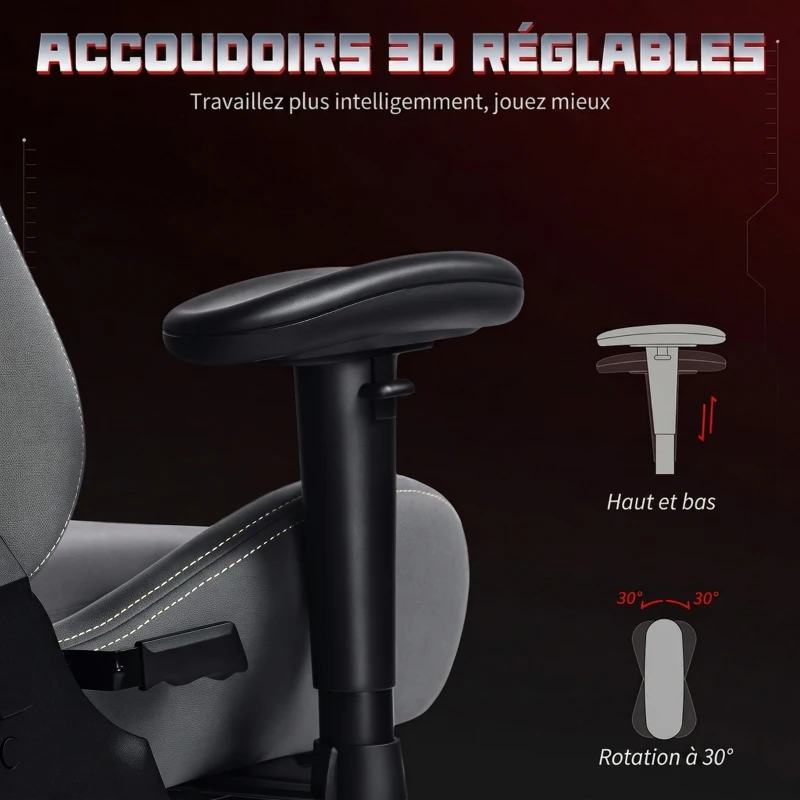 HOMCOM Chaise gaming ergonomique, fauteuil gamer avec accoudoirs 3D, dossier inclinable, hauteur réglable, 72x76x132cm, gris
