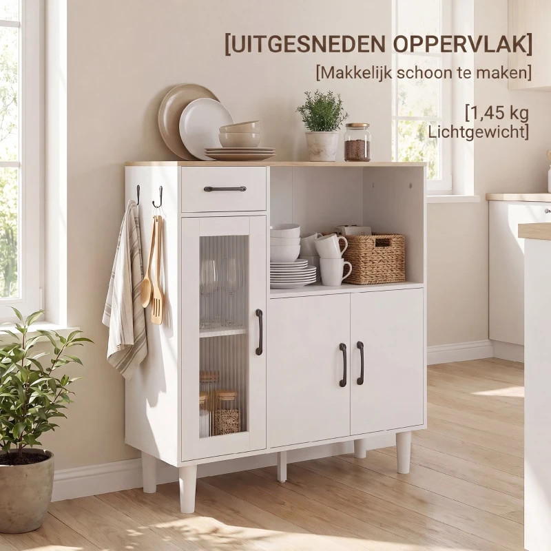 HOMCOM Dressoir Keukenkast met Lade, 2 Kasten, Open Vak, Geribbelde Acrylglasdeur 80 x 34 x 91 cm Wit+Eiken