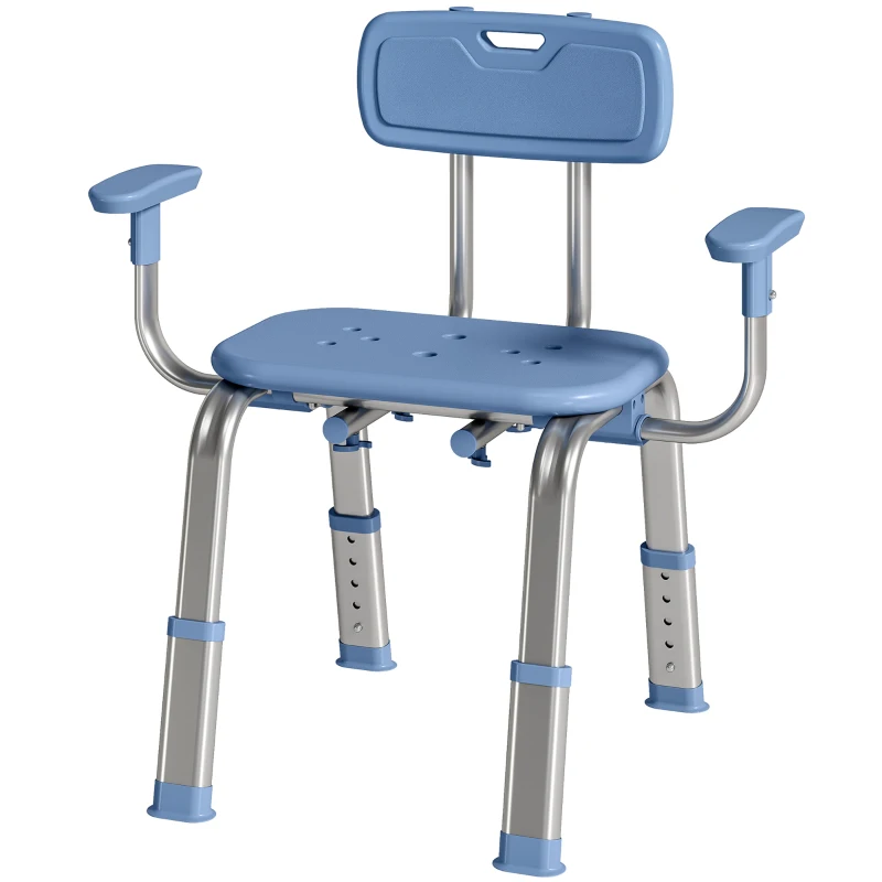HOMCOM Cadeira de Duche para Pessoas Idosas com Apoio de Braços Ajustável Antideslizante e Altura Ajustável 60-70x52x62-72 cm Azul
