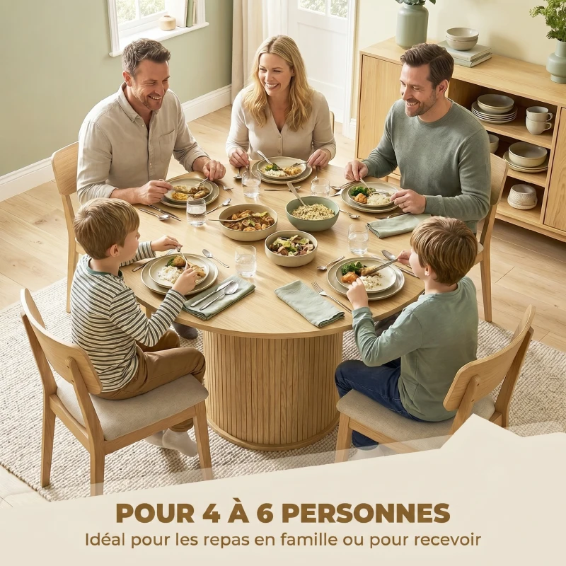 HOMCOM Table à manger ronde pour 4-6 personnes, Ø 120 x 75 cm, table de cuisine avec base cylindrique cannelée, bois naturel