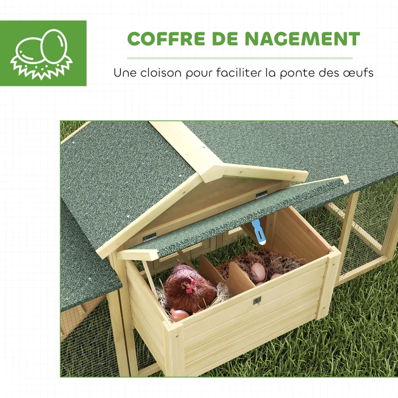 PawHut Poulailler clapier modèle chalet multi-équipé : rampes, nichoirs, plateau, en bois massif 204 x 85 x 93 cm bois naturel
