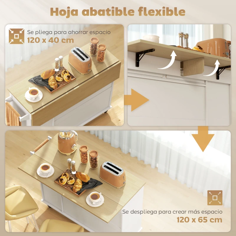 HOMCOM Isla de Cocina con Ruedas Encimera Plegable 2 Puertas con Cierre Suave Bandeja Extraíble 2 Cajones Blanco
