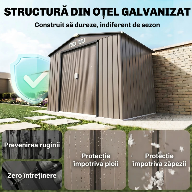 Outsunny Căsuță de Grădină din Metal cu Aerisiri și Ușă Dublă Glisantă, 2,1x1,3 m, Maro(m-4)