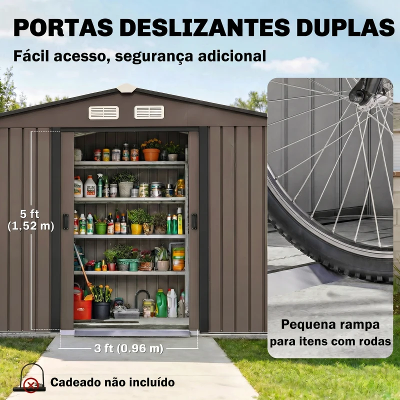 Outsunny Abrigo de Jardim 277x195x192 cm  Metálico para Armazenamento de Ferramentas com Base de Reforço Incluída Madeira