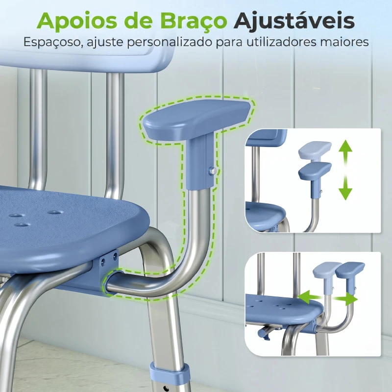 HOMCOM Cadeira de Duche para Pessoas Idosas com Apoio de Braços Ajustável Antideslizante e Altura Ajustável 60-70x52x62-72 cm Azul