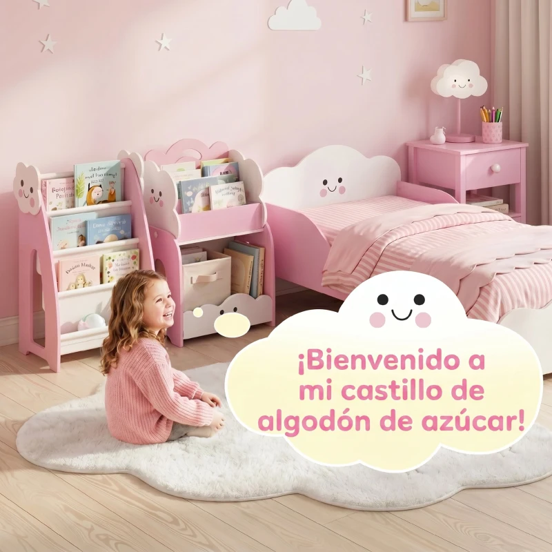 AIYAPLAY Estantería Infantil de Juguetes 3 en 1 con Librería Revistero y Mesita de Noche para Niños 3-8 Años 85,5x32x72 cm Rosa
