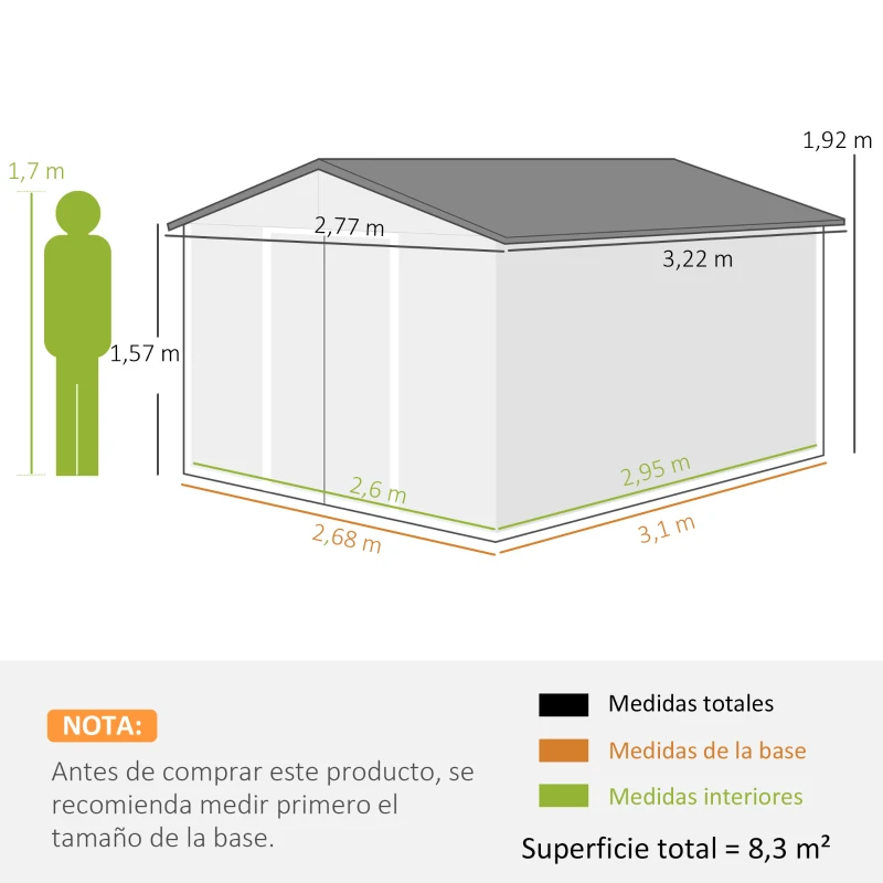 Outsunny Cobertizo de Jardín 8,3 m² 277x322x192 cm con 2 Puertas Corredizas Base Refuerzo (Suelo NO Incluido) Gris