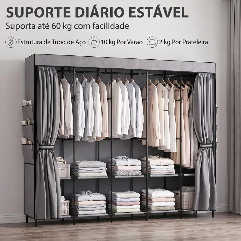 HOMCOM Roupeiro de Tecido com 5 Varões 5 Prateleiras 6 Bolsos Laterais Fecho de Correr Estrutura em Aço 212x45x167 cm Cinza
