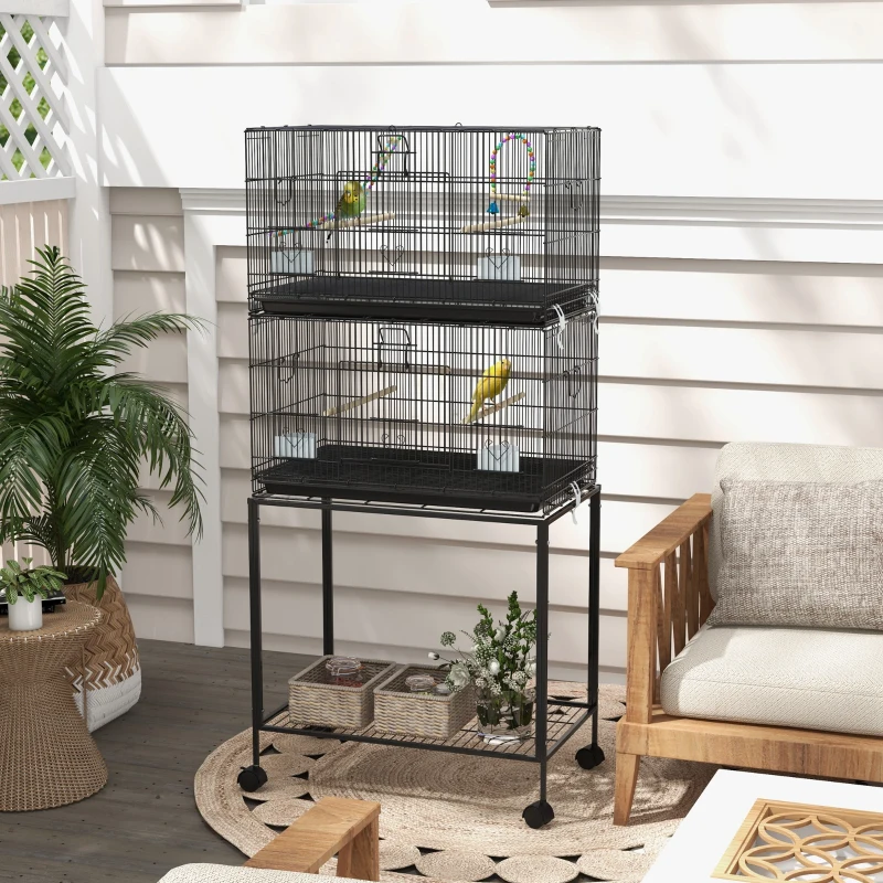 PawHut Cușcă pentru Păsări din Oțel și PP, Design Suprapus cu Stinghii, Leagăne și Scărițe, 77x46x164 cm, Negru