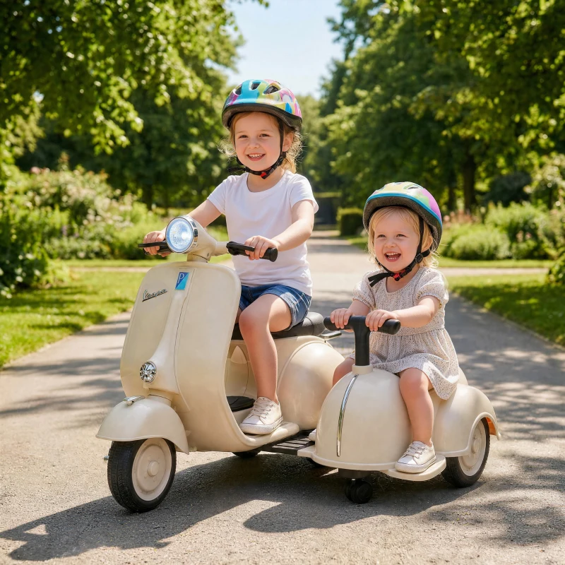 AIYAPLAY Mota Elétrica Infantil VESPA com 2 Assentos, Arranque Suave, Luz, Música, USB e Arrumação, Creme