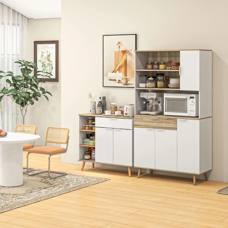 HOMCOM Armário de Cozinha Alto com 4 Portas, Prateleiras Ajustáveis, Gaveta e Compartimentos Abertos, 98x39x180 cm, Branco e Natural