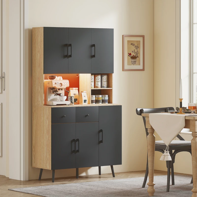 HOMCOM Alacena de Cocina con Luces LED RGB con 6 Puertas 2 Cajones Encimera y Orificio para Cables 100x40x176 cm Negro y Roble