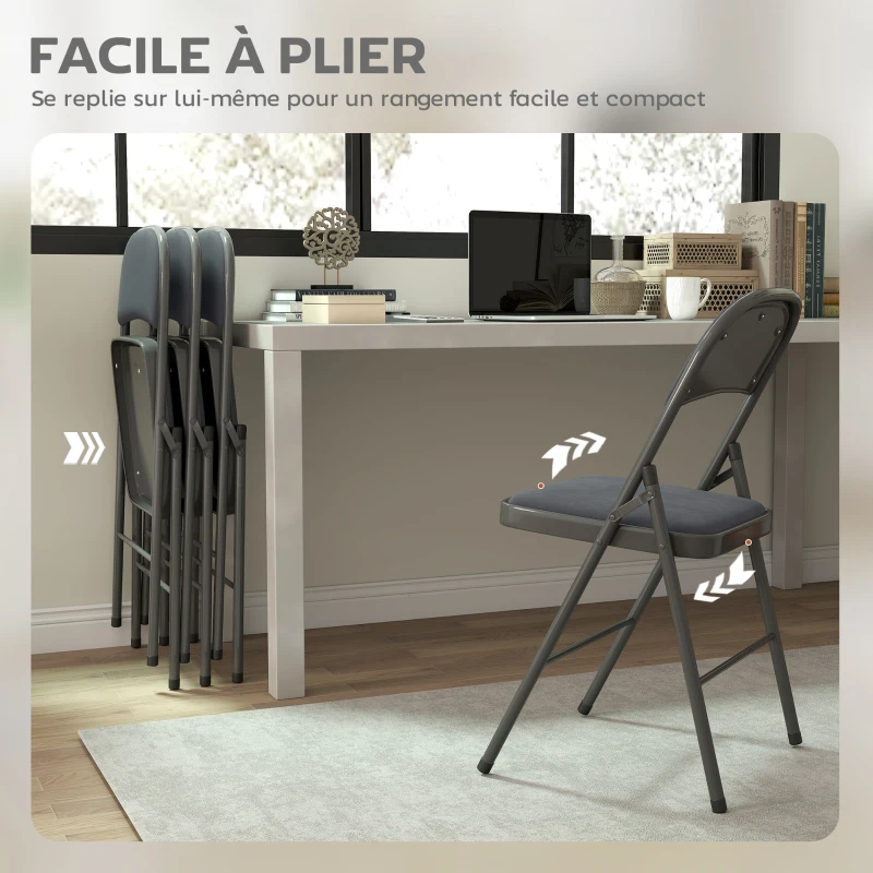 HOMCOM Lot de 4 chaises pliantes et portables intérieur avec assises et dossiers rembourrés en velours, cadre en acier, gris foncé