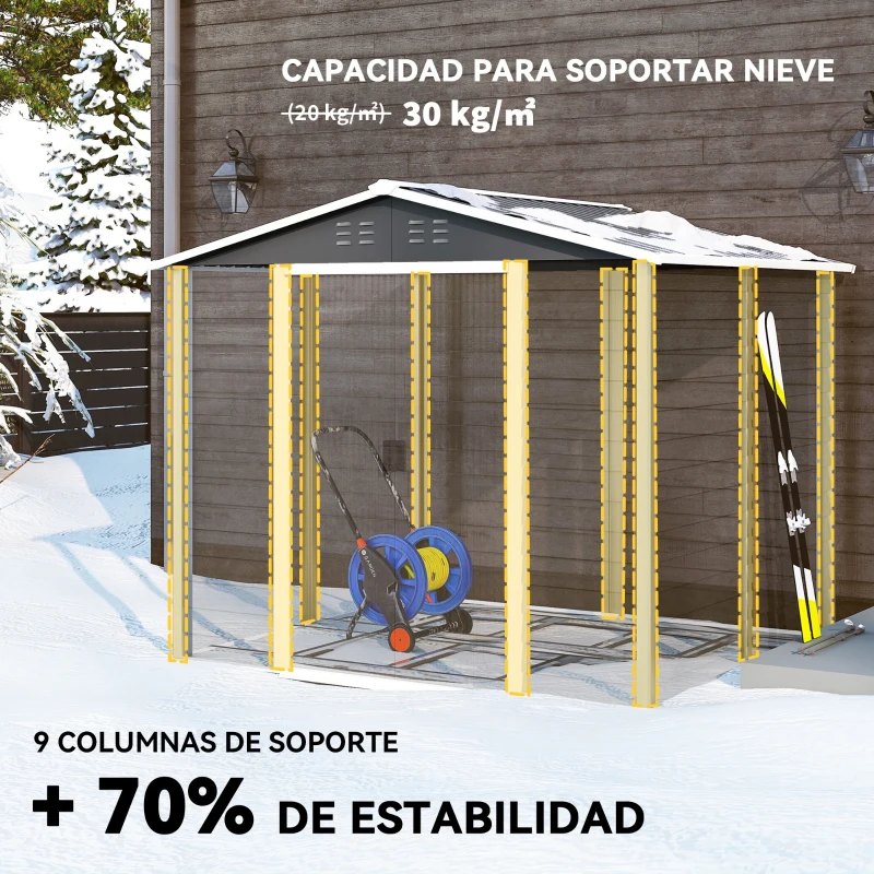 Outsunny Cobertizo de Jardín Exterior 4,4 m² 240x206x198 cm con Base Puerta Corredera y Cerradura 4 Ventanas para Patio Gris