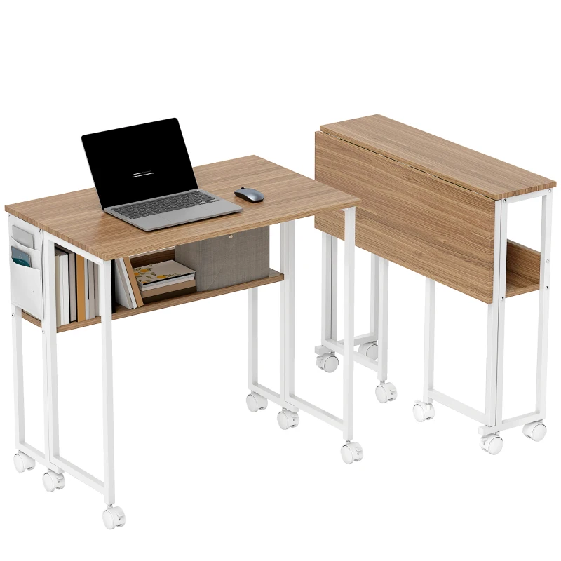 HOMCOM Faltbarer Schreibtisch, zum Beistelltisch umwandelbar, offenes Regal, Natur