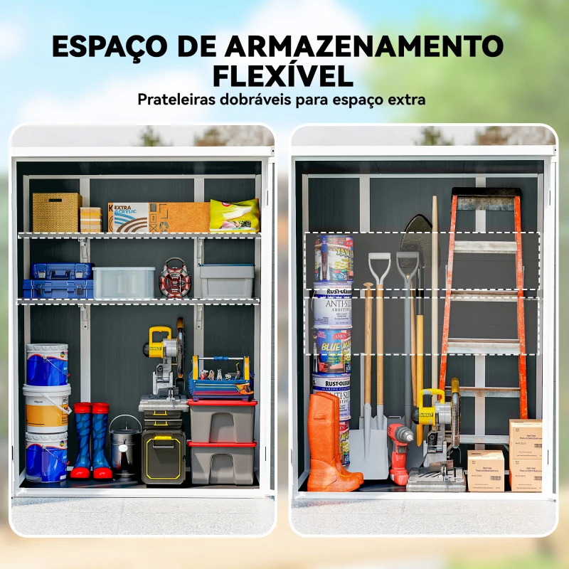 Outsunny Abrigo de Jardim 0,81 m² 134x68,5x170 cm em Plástico com Solo 2 Prateleiras Dobráveis Portas Duplas com Fecho Cinzento