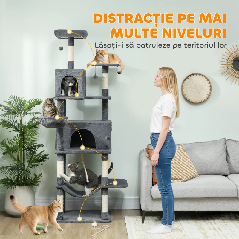 PawHut Arbore pentru pisici cu sisal, 202 cm înălțime, cu 6 stâlpi din sisal, 2 căsuțe, 2 hamace și un pat, gri
