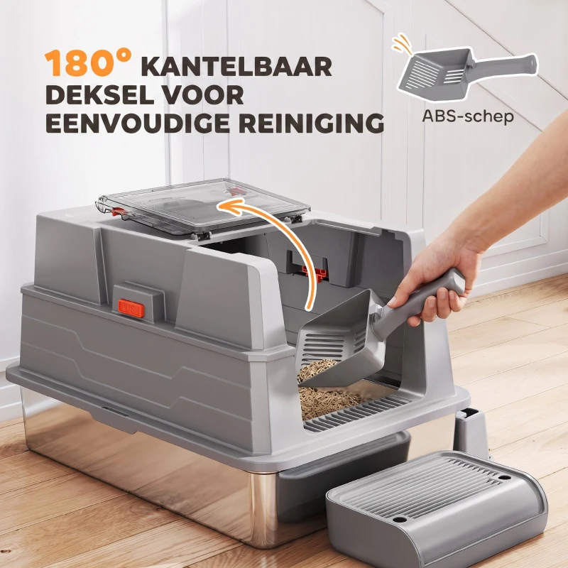 PawHut XXL Kattenbak van Roestvrij Staal 130L met 180° Klapdeksel, Hoge Wanden en Schep, 70 x 50 x 43 cm, Grijs