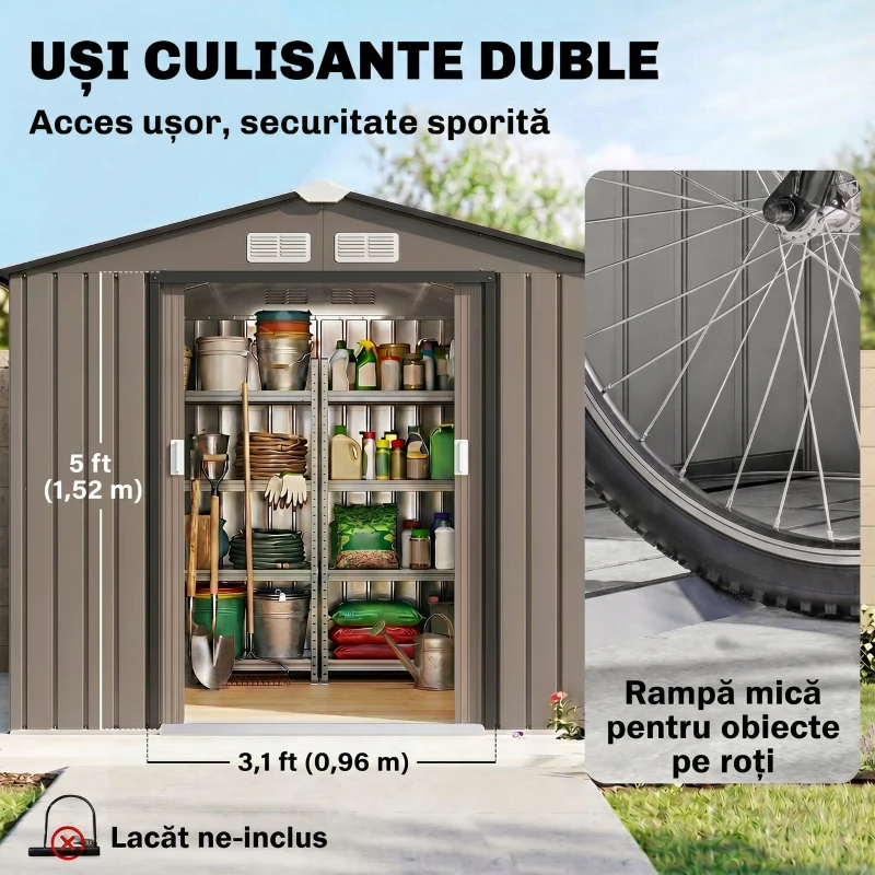 Outsunny Căsuță de Grădină din Metal cu Aerisiri și Ușă Dublă Glisantă, 2,1x1,3 m, Maro(m-5)