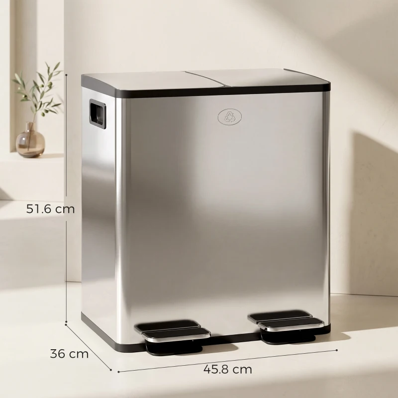 HOMCOM Coș de Gunoi cu 2 Compartimente de 20L cu Închidere Silențioasă, din Oțel Inoxidabil și PP, 45.8x36x51.6 cm