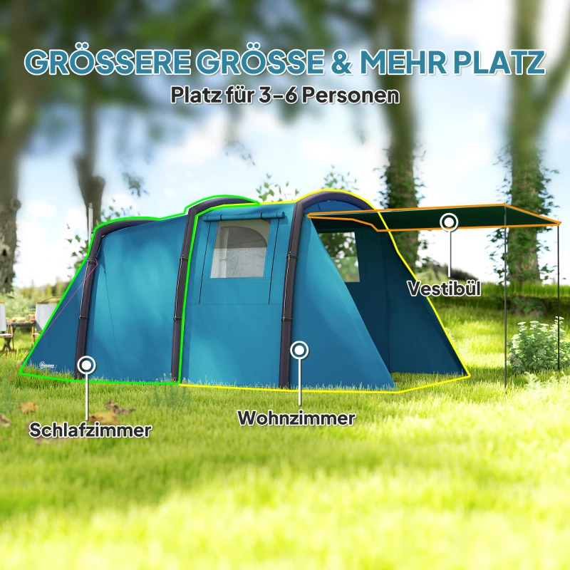 Outsunny Aufblasbares Campingzelt 3-6 Personen Outdoor Tunnelzelt mit Seitenfenstern Tür Luftträger 4,4 x 2,8 x 1,95 m Blau