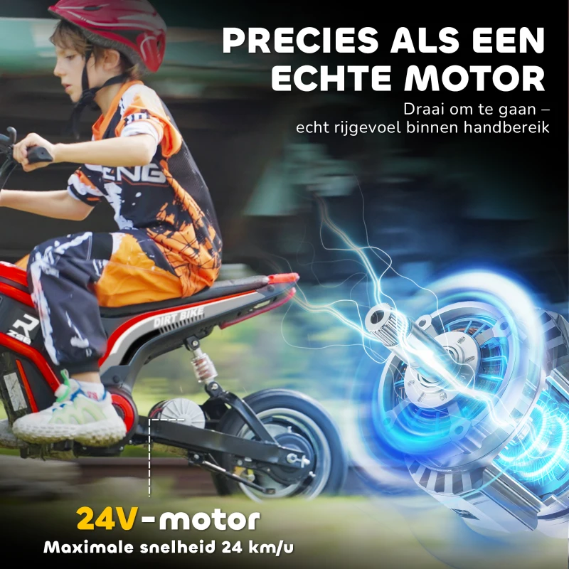 HOMCOM Elektrische Kindermotorfiets, 24V met Toeter en Verlichting, Draaigashendel, 8-16 km/u, 8-12 Jaar, Rood(m-5)
