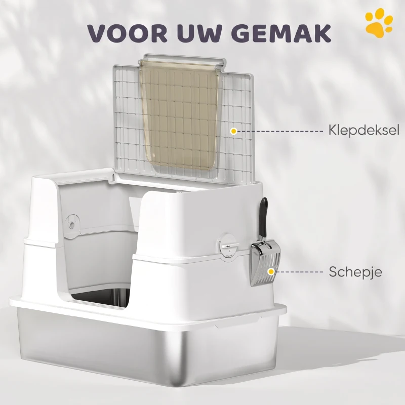 PawHut Kattenbak, RVS, XL-binnenruimte, met schep, Lichtgrijs(m-8)