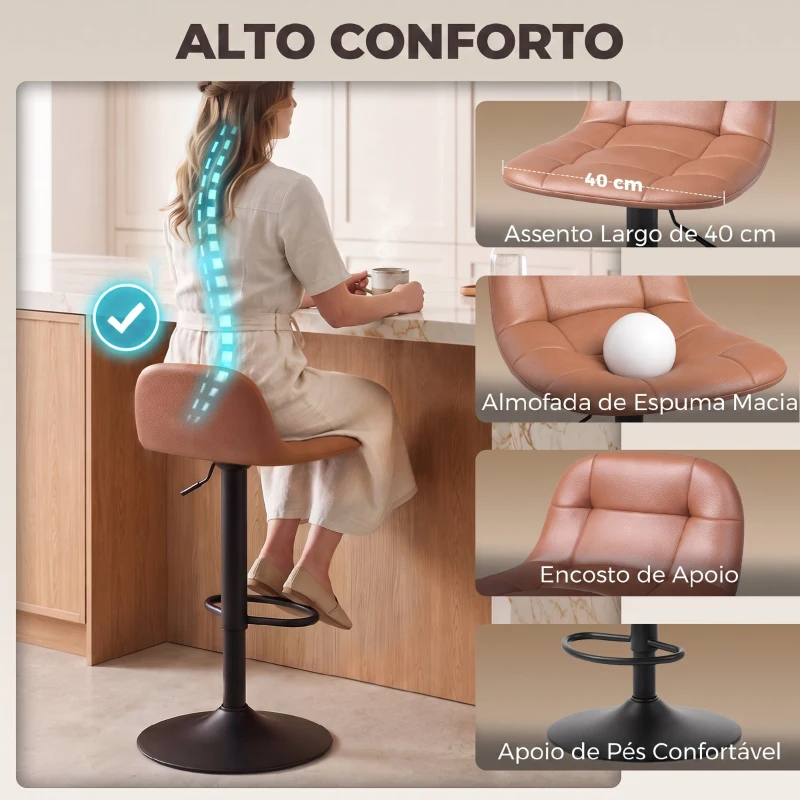 HOMCOM Conjunto de 2 Bancos Altos de Cozinha Giratórios 360° Ajustáveis em Altura com Apoio para os Pés em Pele Sintética
