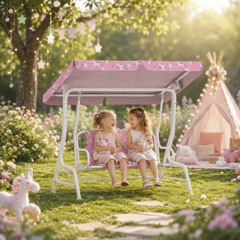 AIYAPLAY Kids Porch Swing, 2-Seater Patio Swing Bench Hammock with Seat Belts, Adjustable Canopy for Garden, Pink