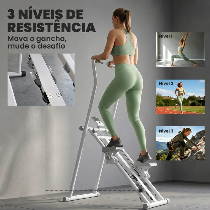 SPORTNOW Stepper de Escada Dobrável para Casa com 3 Níveis de Resistência, Guiador Ajustável, Monitor LCD e Suporte para Telemóvel