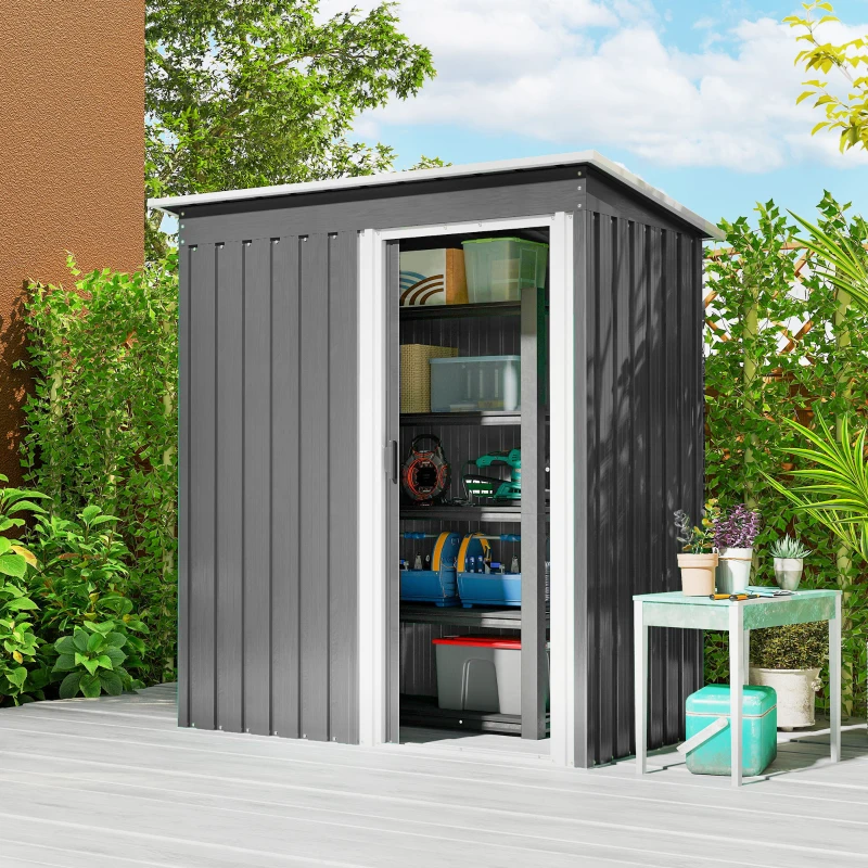 Outsunny Caseta de Jardín Exterior 1,16 m² 163x89x182 cm Cobertizo Metálica con Puerta Corredera y Techo Inclinado Gris