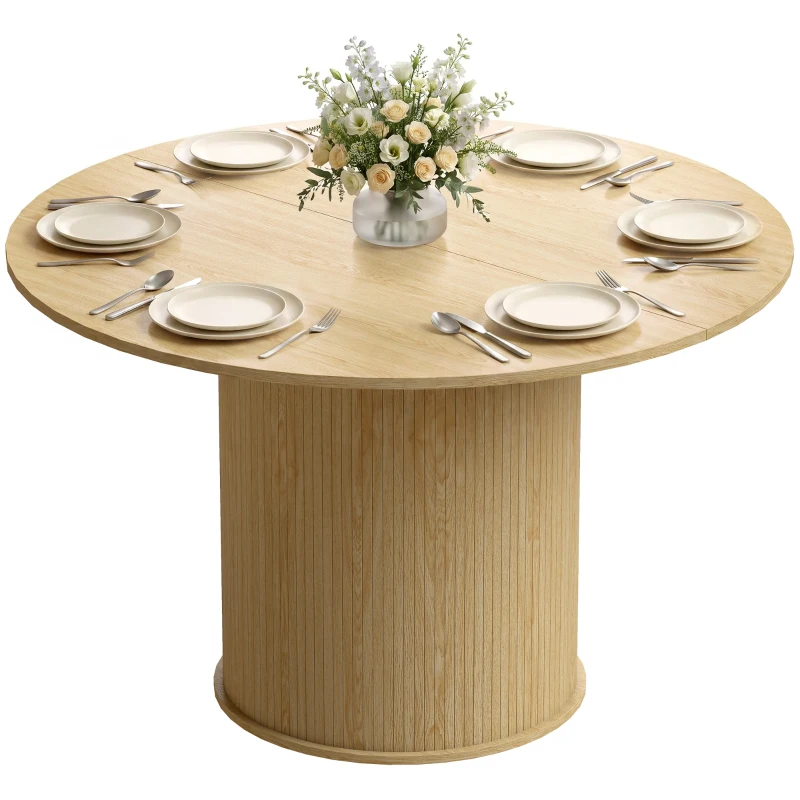 HOMCOM Table à manger ronde pour 4-6 personnes, Ø 120 x 75 cm, table de cuisine avec base cylindrique cannelée, bois naturel