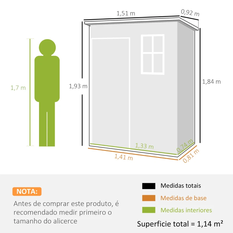 Outsunny Abrigo de Jardim 1,14 m² 151x92x193 cm Abrigo de Exterior Metálico com Chão Porta de Correr Janela e Teto Inclinado Cinzento