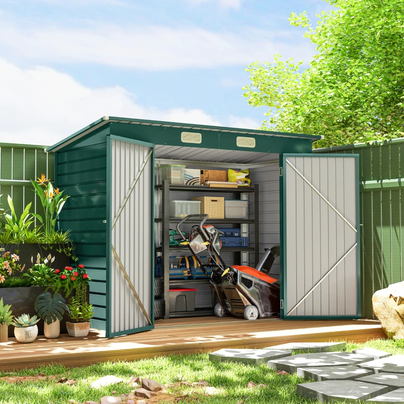 Outsunny Abrigo de Jardim 2,7m² 249x121x183 cm Abrigo de Exterior com Porta Dupla 2 Ventilaç4oes e Trava Abrigo para Pátio Verde