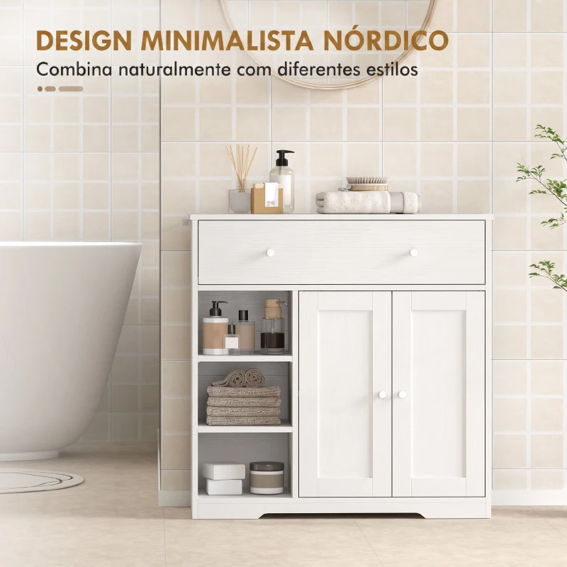 HOMCOM Armário de Casa de Banho Estreito com Gaveta 2 Portas e 3 Prateleiras Abertas 80x30x80,2 cm Branco Texturado