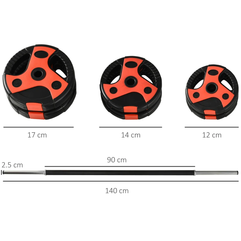 SPORTNOW Set Bilanciere e Dischi da 20kg totali con Impugnatura in PU Antiscivolo, Ø17x140 cm, Nero e Rosso